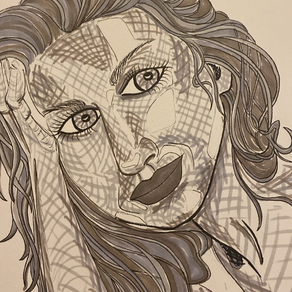 Unframed Original Art Drawing Illustration Portrait in Grey Marker Portraiture - Picture 3 of 4